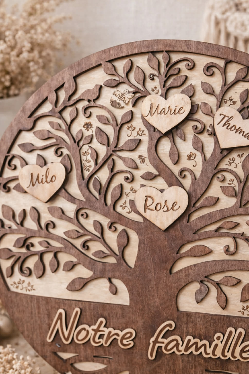 Détail de l'arbre de vie en bois personnalisé