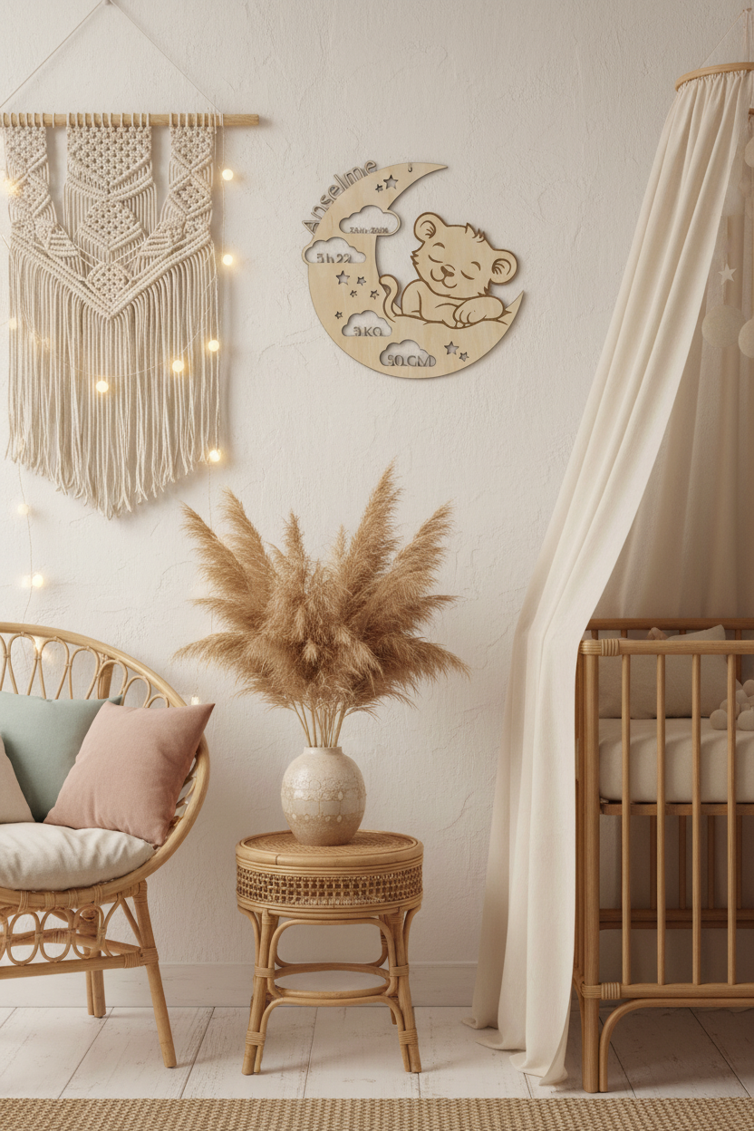 Plaque de naissance personnalisée en bois – Lune & Lionceau