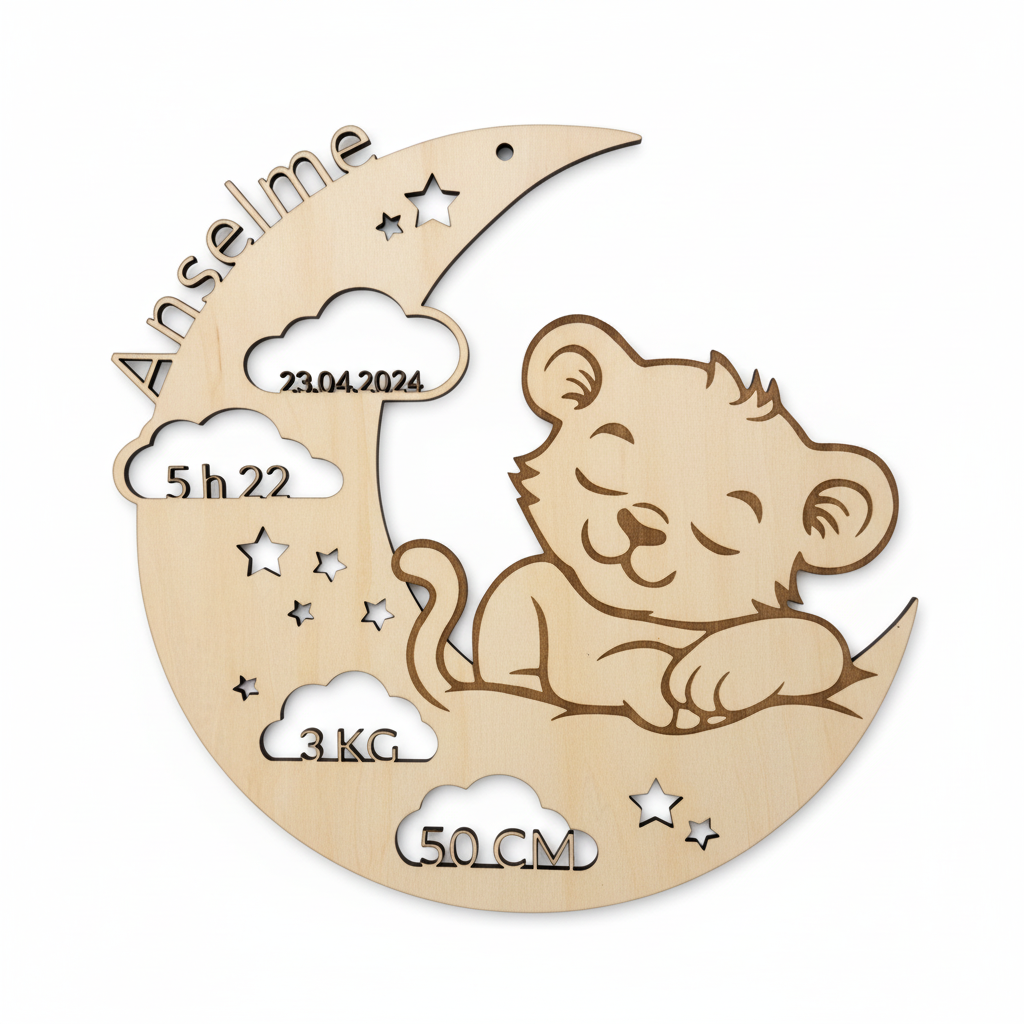 Plaque de naissance personnalisée en bois – Lune & Lionceau