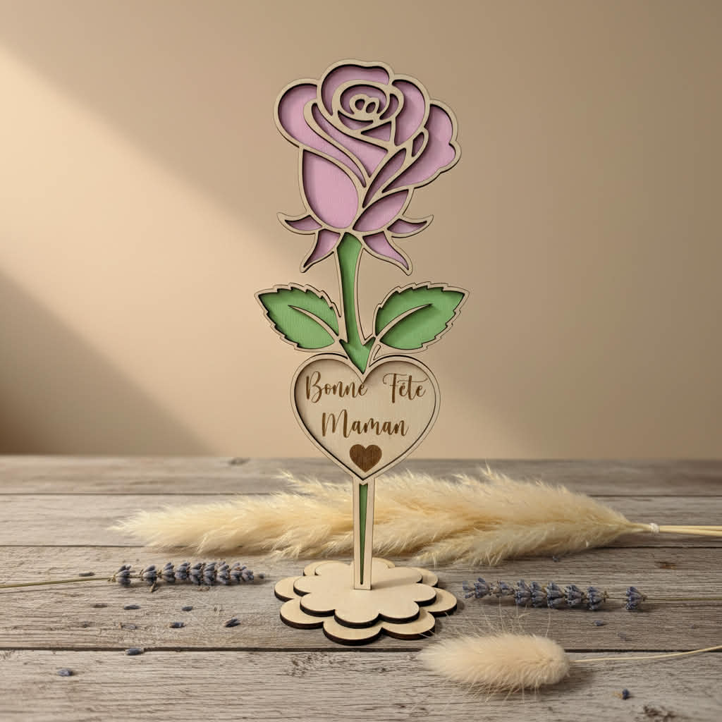 Rose « Bonne Fête Maman » en bois coloré – Décoration Fête des Mères